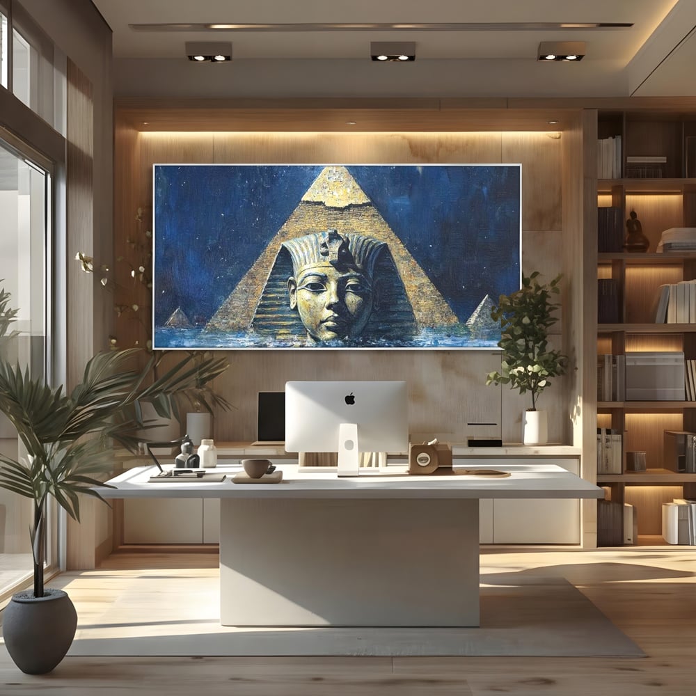 Tablou canvas cu pictura cu sfinx si piramida in apa, in rama de aluminiu argintiu, pe perete intr-un birou